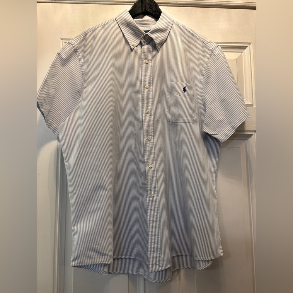 Ralph Lauren Men’s Light Blue Striped Button Down Short Sleeve Shirt‎ XXL Preppy